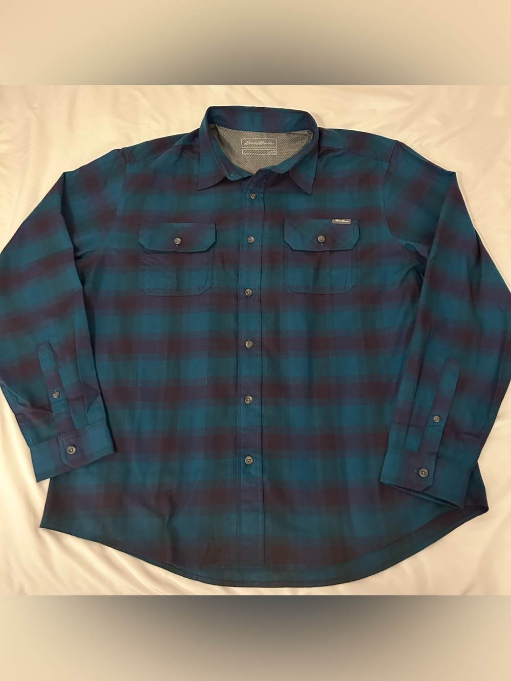 Eddie Bauer Men’s Plaid Button Up Flannel Shirt XL Blue Purple Long Sleeve EUC